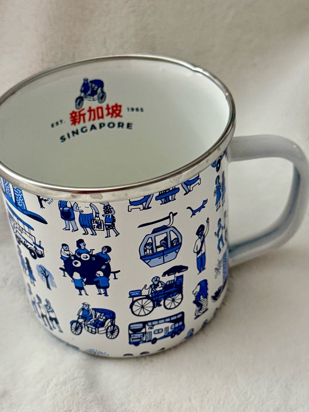 Chalo Metal Enameled Let's Go Coffee Mug Cup Singapore Merlion Statue 14 Oz Rare